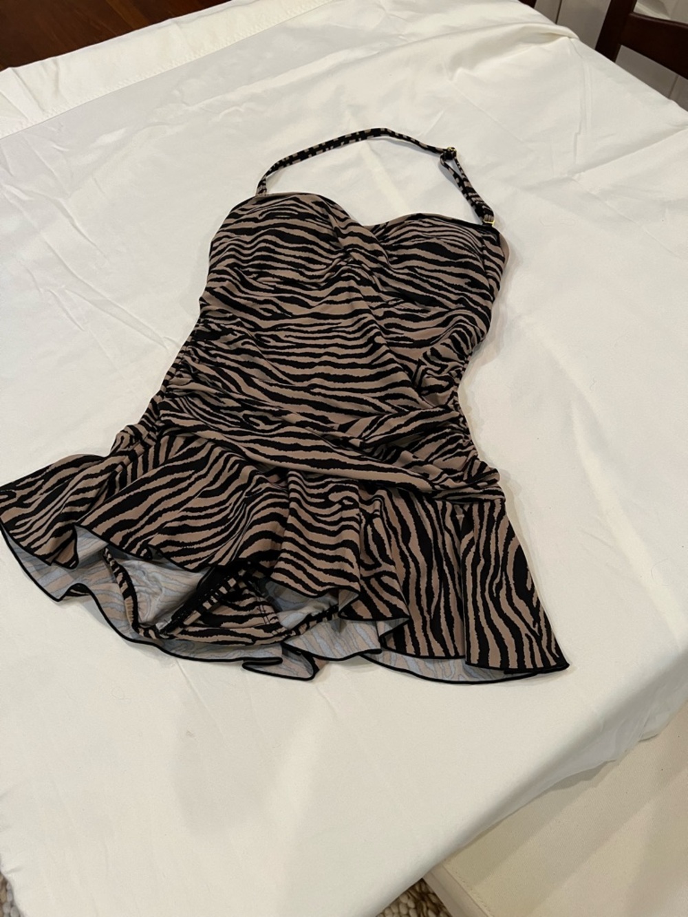 Strapless Zebra-Print Swimdress in Brown and Black